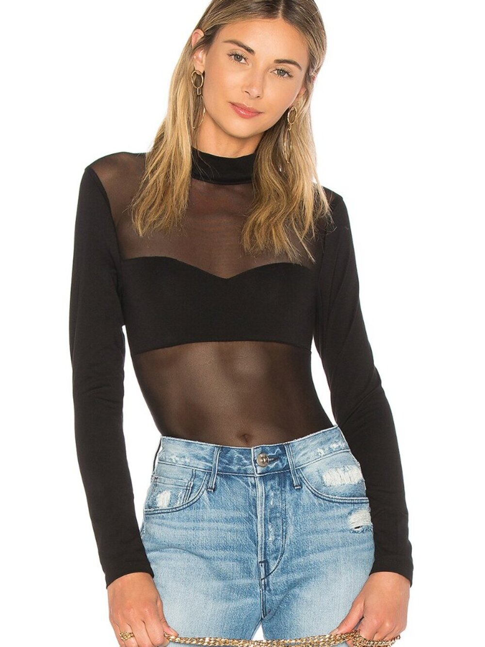 Superdown Minna Bandeau Bodysuit XXS Black Sheer Mesh Revolve NWOT